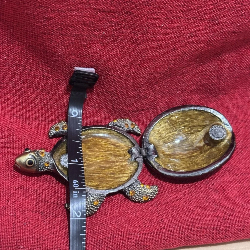 Rhinestone Turtle Trinket Box Enameled Magnetic Closure Tortoise Jeweled Brassy